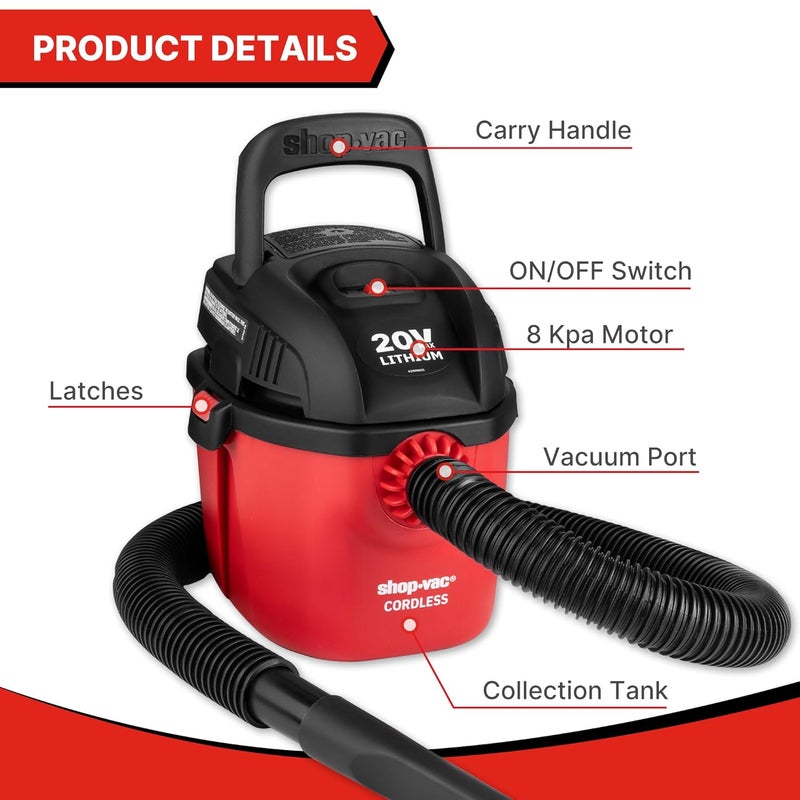 SHOPVAC مكنسة كهربائية لاسلكية رطبة وجافة، 8.0 كيلو باسكال مكنسة كهربائية لاسلكية مع مقبض قابل للطي وحامل جداري وملحقات متعددة الوظائف، مكنسة محمولة مدمجة للمنزل، السيارة، وموقع العمل - Image 3